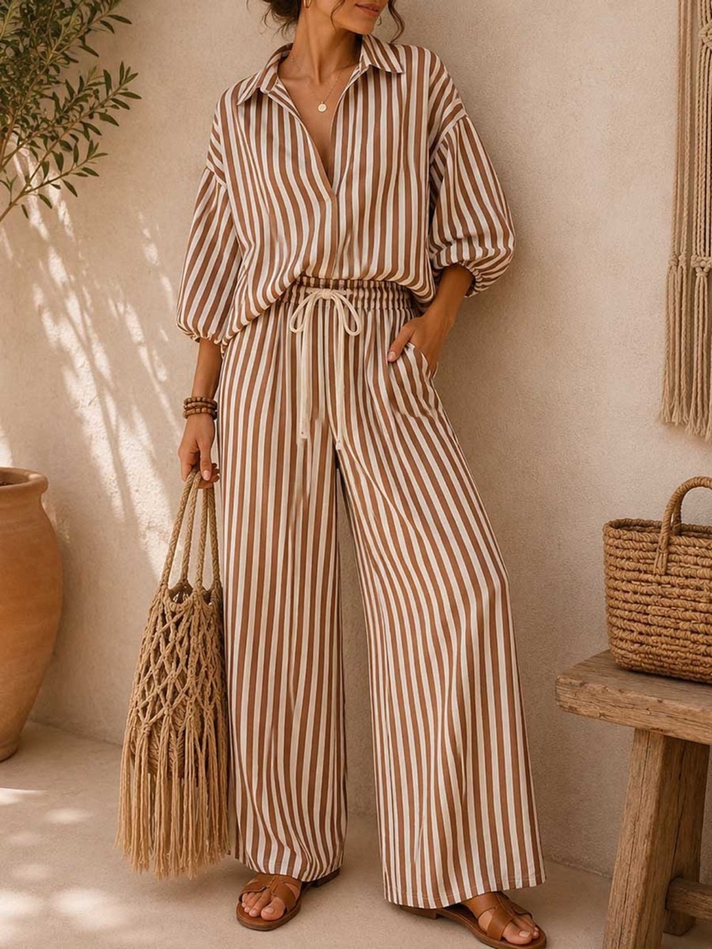 Striped Collared Shirt and Wide-Leg Drawstring Pants Set